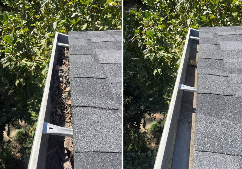 Gutter before and after cleaning by Gutter Bro — from clogged with leaves to clean and clear