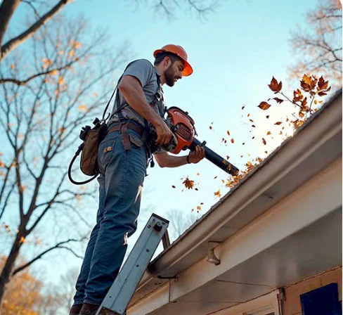 Gutter Bro technician on ladder blowing leaves out of gutter