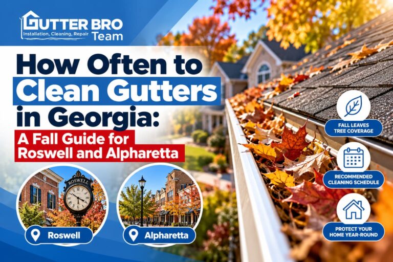 Gutter full of fall leaves on a Roswell, Georgia home, with Roswell and Alpharetta landmarks